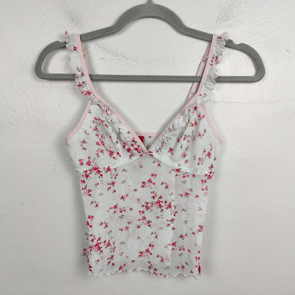 Vintage Y2K EDC by Esprit Tank Top Womens Small White Floral Mesh Ruffle Trim - Picture 2 of 9